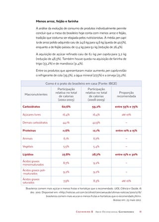 Cozinheiro 2 Arco Ocupacional Gastronomia	 11
Menos arroz, feijão e farinha
A análise da evolução de consumo de produtos individualmente permite
concluir que a mesa do brasileiro hoje conta com menos arroz e feijão,
tradição que costuma ser elogiada pelos nutricionistas. A média per capi-
ta de arroz polido adquirido caiu de 24,6 kg para 14,6 kg (queda de 40,5%),
enquanto a de feijão passou de 12,4 kg para 9,1 kg (redução de 26,4%).
A aquisição de açúcar refinado caiu de 6,1 kg per capita para 3,2 kg
(redução de 48,3%). Também houve queda na aquisição de farinha de
trigo (33,2%) e de mandioca (31,4%).
Entre os produtos que apresentaram maior aumento per capita estão
o refrigerante de cola (39,3%), a água mineral (27,5%) e a cerveja (23,2%).
Como é o prato do brasileiro em casa (Fonte: IBGE)
Macronutrientes
Participação
relativa no total
de calorias
(2002-2003)
Participação
relativa no total
de calorias
(2008-2009)
Proporção
recomendada
Carboidratos 60,6% 59,2% entre 55% e 75%
Açúcares livres 16,4% 16,4% até 10%
Demais carboidratos 44,1% 42,9% –
Proteínas 11,6% 12,1% entre 10% a 15%
Animais 6,1% 6,7% –
Vegetais 5,5% 5,4% –
Lipídios 27,8% 28,7% entre 15% e 30%
Ácidos graxos
monoinsaturados
8,7% 9,2% –
Ácidos graxos poli-
-insaturados
9,2% 9,2% –
Ácidos graxos
saturados
7,9% 8,3% até 10%
Brasileiros comem mais açúcar e menos frutas e hortaliças que o recomendado. UOL Ciência e Saúde, 16
dez. 2010. Disponível em: http://noticias.uol.com.br/ultnot/cienciaesaude/ultimas-noticias/2010/12/16/
brasileiros-comem-mais-acucar-e-menos-frutas-e-hortalicas-que-o-recomendado.jhtm.
Acesso em: 23 maio 2012.
 