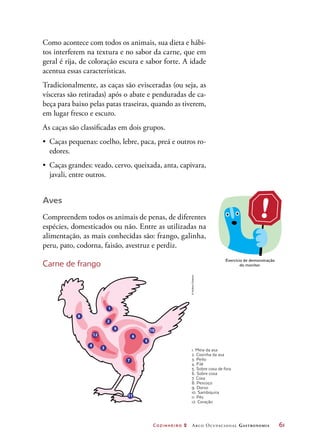 Cozinheiro 2 Arco Ocupacional Gastronomia	 61
Como acontece com todos os animais, sua dieta e hábi-
tos interferem na textura e no sabor da carne, que em
geral é rija, de coloração escura e sabor forte. A idade
acentua essas características.
Tradicionalmente, as caças são evisceradas (ou seja, as
vísceras são retiradas) após o abate e penduradas de ca-
beça para baixo pelas patas traseiras, quando as tiverem,
em lugar fresco e escuro.
As caças são classificadas em dois grupos.
•	 Caças pequenas: coelho, lebre, paca, preá e outros ro-
edores.
•	 Caças grandes: veado, cervo, queixada, anta, capivara,
javali, entre outros.
Aves
Compreendem todos os animais de penas, de diferentes
espécies, domesticados ou não. Entre as utilizadas na
alimentação, as mais conhecidas são: frango, galinha,
peru, pato, codorna, faisão, avestruz e perdiz.
Carne de frango
3
9
6
5
11
10
7
8
4
12
2
1
Exercício de demonstração
do monitor.
©HudsonCalasans
1. Meia da asa
2. Coxinha da asa
3. Peito
4. Filé
5. Sobre coxa de fora
6. Sobre coxa
7. Coxa
8. Pescoço
9. Dorso
10. Sambiquira
11. Pés
12. Coração
 