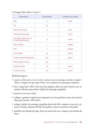 Cozinheiro 2 Arco Ocupacional Gastronomia	 69
4. Frango à Kiev (fala-se “quiev”)
Ingrediente Quantidade Unidade de medida
Alho ½ dente
Sal q.b.
Salsa fresca picada 3 ramo
Tomilho fresco picado 1 ramo
Manteiga integral sem sal
em ponto de pomada
15 grama
Filé de frango 1 unidade
Ovo 1 unidade
Leite integral 20 mililitro
Gordura vegetal hidrogenada 200 grama
Pimenta-preta em pó q.b.
Farinha de trigo 50 grama
Farinha de rosca 100 grama
Modo de preparo:
•	 amasse o alho com o sal e as ervas, misture com a manteiga e enrole em papel--
-filme. Congele até que fique firme. Isso resultará na manteiga composta;
•	 lave e seque bem o filé. Com uma faca pequena, faça um corte interno com ta-
manho suficiente para inserir rodelas da manteiga congelada;
•	 misture o ovo com o leite;
•	 coloque a gordura vegetal para esquentar em uma panela em que seja possível
fritar por imersão o filé inteiro;
•	 coloque rodelas da manteiga congelada dentro do filé e tempere-o com sal e pi-
menta. Prenda a abertura do filé com palitos, como se estivesse costurando;
•	 polvilhe com farinha de trigo. Passe na mistura de ovo e empane com farinha de
rosca;
 