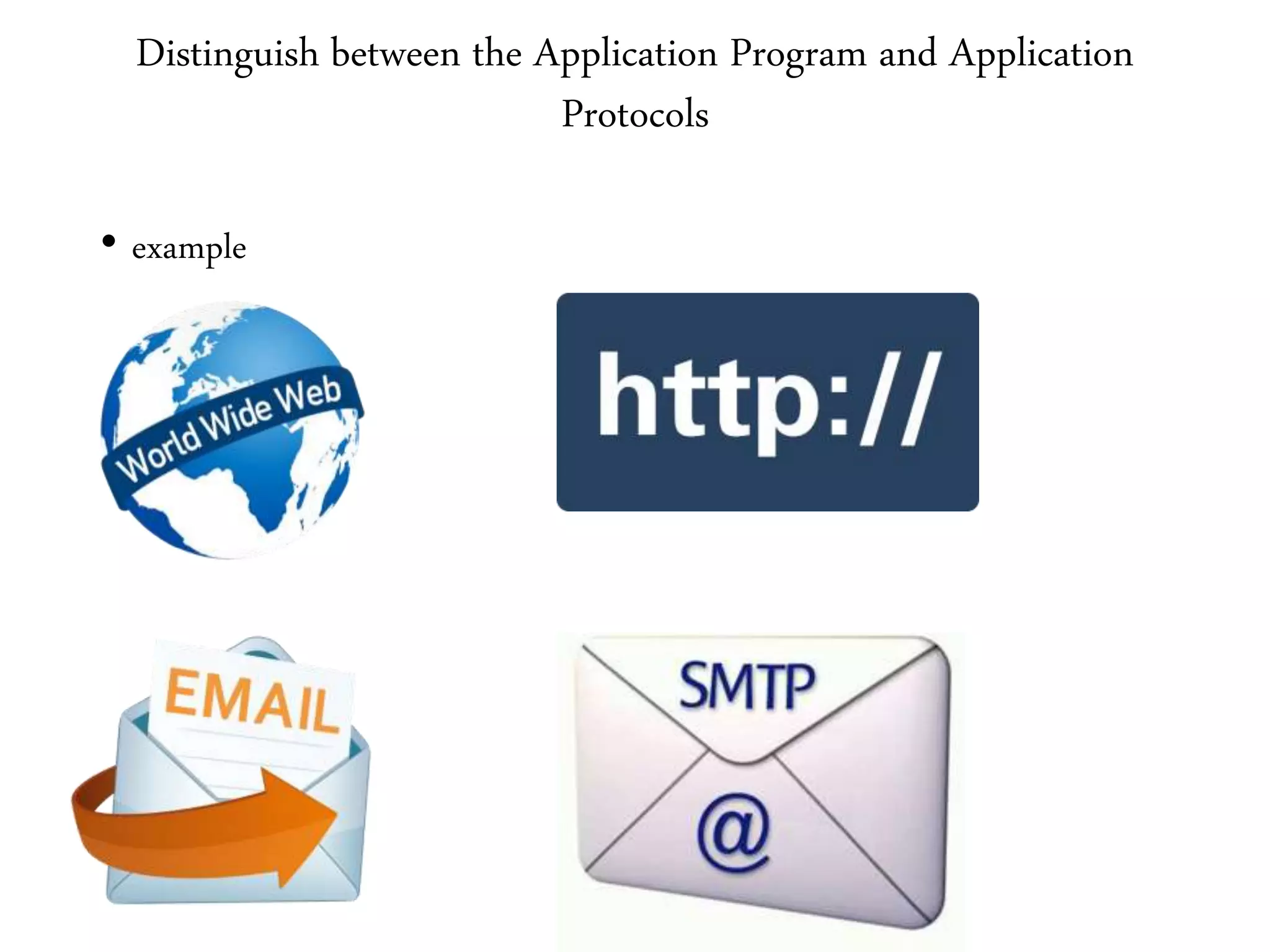Distinguish between the Application Program and Application
Protocols
• example
 