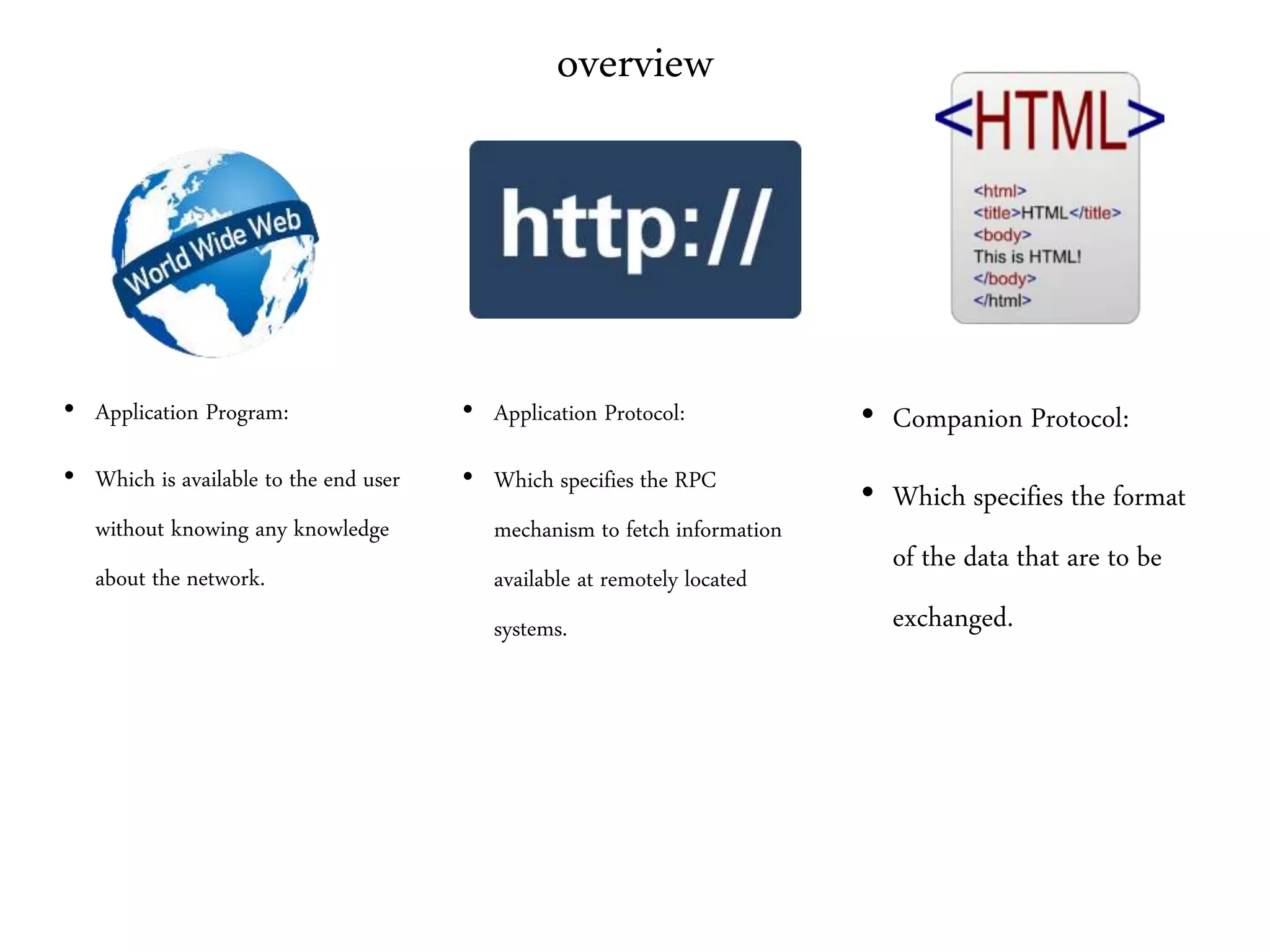 overview
• Application Program:
• Which is available to the end user
without knowing any knowledge
about the network.
• Application Protocol:
• Which specifies the RPC
mechanism to fetch information
available at remotely located
systems.
• Companion Protocol:
• Which specifies the format
of the data that are to be
exchanged.
 