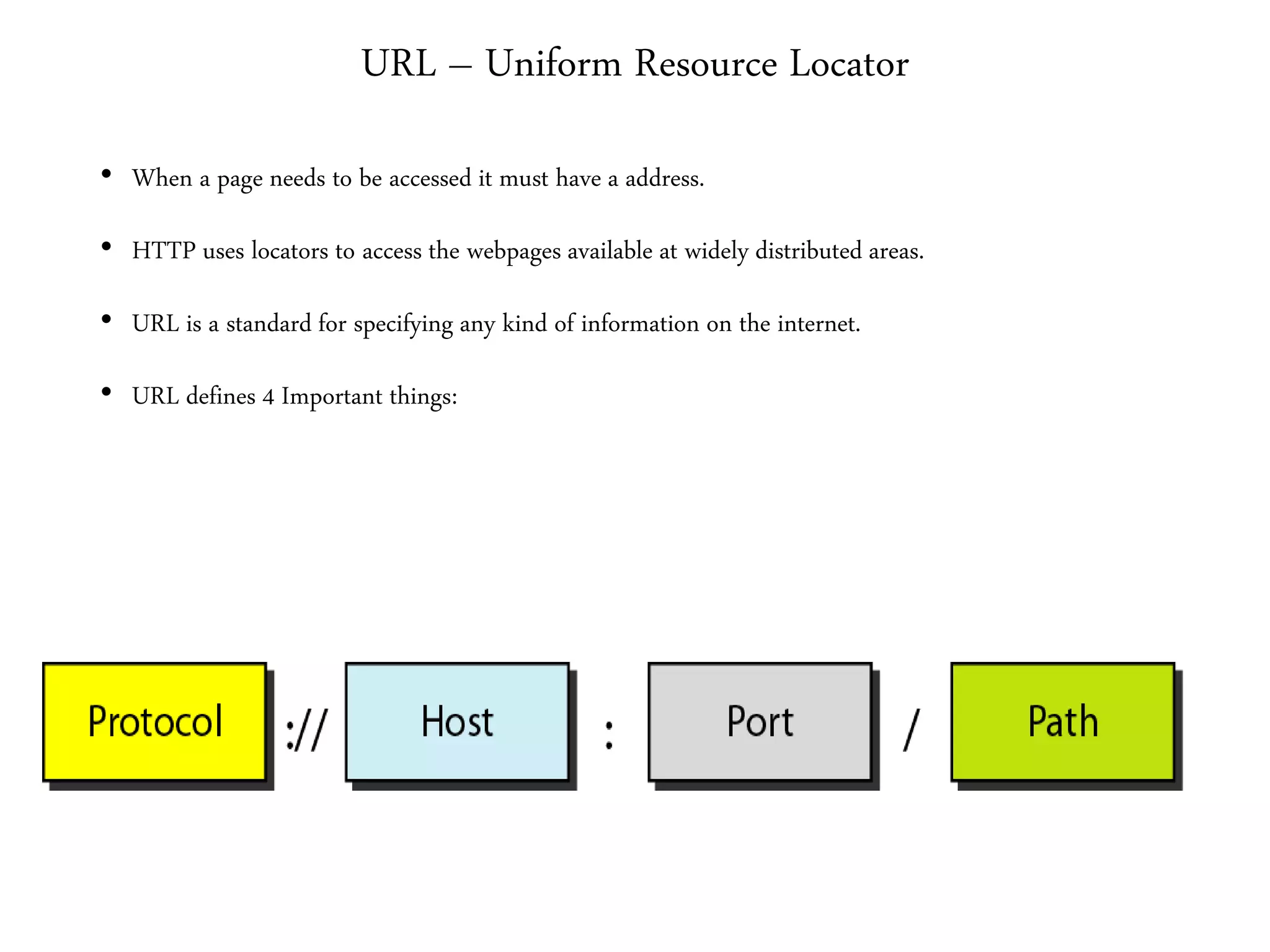 URL – Uniform Resource Locator
• When a page needs to be accessed it must have a address.
• HTTP uses locators to access the webpages available at widely distributed areas.
• URL is a standard for specifying any kind of information on the internet.
• URL defines 4 Important things:
 