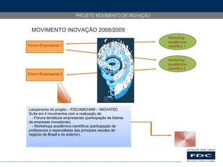 MOVIMENTO INOVAÇÃO 2008/2009 Casa do Saber 2 Temas 1, 2 e 4 Casa do Saber 1 Tema 3 Lançamento do projeto – FDC/AMCHAM – INOVATEC Suíte em 4 movimentos com a realização de: - Fóruns temáticos empresariais (participação de líderes de empresas inovadoras).   - Workshops acadêmico-científicos (participação de professores e especialistas das principais escolas de negócio do Brasil e do exterior). Fórum Empresarial 1 Fórum Empresarial 2 Workshop acadêmico-científico 1 Workshop acadêmico-científico 2 