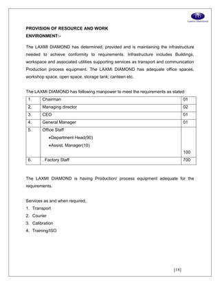 [18]
PROVISION OF RESOURCE AND WORK
ENVIRONMENT:-
The LAXMI DIAMOND has determined, provided and is maintaining the infrastructure
needed to achieve conformity to requirements. Infrastructure includes Buildings,
workspace and associated utilities supporting services as transport and communication
Production process equipment. The LAXMI DIAMOND has adequate office spaces,
workshop space, open space, storage tank, canteen etc.
The LAXMI DIAMOND has following manpower to meet the requirements as stated:
1. Chairman 01
2. Managing director 02
3. CEO 01
4. General Manager 01
5. Office Staff
Department Head(90)
Assist. Manager(10)
100
6. . Factory Staff 700
The LAXMI DIAMOND is having Production/ process equipment adequate for the
requirements.
Services as and when required,
1. Transport
2. Courier
3. Calibration
4. Training/ISO
 