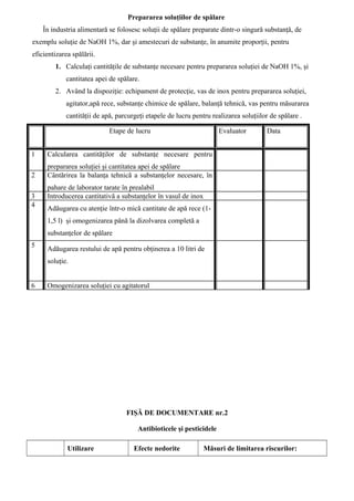 Prepararea soluţiilor de spălare
În industria alimentară se folosesc soluţii de spălare preparate dintr-o singură substanţă, de
exemplu soluţie de NaOH 1%, dar şi amestecuri de substanţe, în anumite proporţii, pentru
eficientizarea spălării.
1. Calculaţi cantităţile de substanţe necesare pentru prepararea soluţiei de NaOH 1%, şi
cantitatea apei de spălare.
2. Având la dispoziţie: echipament de protecţie, vas de inox pentru prepararea soluţiei,
agitator,apă rece, substanţe chimice de spălare, balanţă tehnică, vas pentru măsurarea
cantităţii de apă, parcurgeţi etapele de lucru pentru realizarea soluţiilor de spălare .
Etape de lucru Evaluator Data
1 Calcularea cantităţilor de substanţe necesare pentru
prepararea soluţiei şi cantitatea apei de spălare
2 Cântărirea la balanţa tehnică a substanţelor necesare, în
pahare de laborator tarate în prealabil
3 Introducerea cantitativă a substanţelor în vasul de inox
4
Adăugarea cu atenţie într-o mică cantitate de apă rece (1-
1,5 l) şi omogenizarea până la dizolvarea completă a
substanţelor de spălare
5
Adăugarea restului de apă pentru obţinerea a 10 litri de
soluţie.
6 Omogenizarea soluţiei cu agitatorul
FIŞĂ DE DOCUMENTARE nr.2
Antibioticele şi pesticidele
Utilizare Efecte nedorite Măsuri de limitarea riscurilor:
 