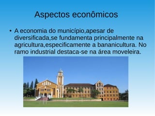 Aspectos econômicos
● A economia do município,apesar de
diversificada,se fundamenta principalmente na
agricultura,especificamente a bananicultura. No
ramo industrial destaca-se na área moveleira.
 