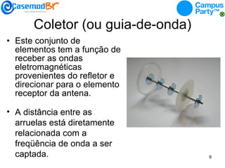 Coletor (ou guia-de-onda) Este conjunto de elementos tem a função de receber as ondas eletromagnéticas provenientes do refletor e direcionar para o elemento receptor da antena. A distância entre as arruelas está diretamente relacionada com a freqüência de onda a ser captada. 