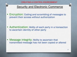 • Encryption: Coding and scrambling of messages to
prevent their access without authorization
• Authentication: Ability of each party in a transaction
to ascertain identity of other party
• Message integrity: Ability to ascertain that
transmitted message has not been copied or altered
CREATING A CONTROL ENVIRONMENT
Security and Electronic Commerce
31
 