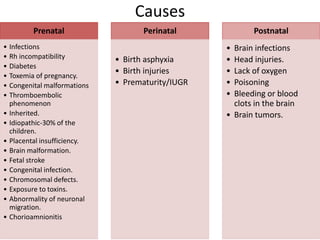 Causes
Prenatal
• Infections
• Rh incompatibility
• Diabetes
• Toxemia of pregnancy.
• Congenital malformations
• Thromboembolic
phenomenon
• Inherited.
• Idiopathic-30% of the
children.
• Placental insufficiency.
• Brain malformation.
• Fetal stroke
• Congenital infection.
• Chromosomal defects.
• Exposure to toxins.
• Abnormality of neuronal
migration.
• Chorioamnionitis
Perinatal
• Birth asphyxia
• Birth injuries
• Prematurity/IUGR
Postnatal
• Brain infections
• Head injuries.
• Lack of oxygen
• Poisoning
• Bleeding or blood
clots in the brain
• Brain tumors.
 