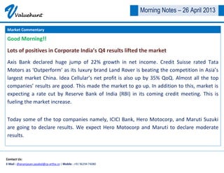 VValuehunt
Contact Us:
E-Mail : dhananjayan.jayabal@cp-artha.co | Mobile : +91 96294 74080
Morning Notes – 26 April 2013
Good Morning!!
Lots of positives in Corporate India’s Q4 results lifted the market
Axis Bank declared huge jump of 22% growth in net income. Credit Suisse rated Tata
Motors as ‘Outperform’ as its luxury brand Land Rover is beating the competition in Asia’s
largest market China. Idea Cellular’s net profit is also up by 35% QoQ. Almost all the top
companies’ results are good. This made the market to go up. In addition to this, market is
expecting a rate cut by Reserve Bank of India (RBI) in its coming credit meeting. This is
fueling the market increase.
Today some of the top companies namely, ICICI Bank, Hero Motocorp, and Maruti Suzuki
are going to declare results. We expect Hero Motocorp and Maruti to declare moderate
results.
Market Commentary
 