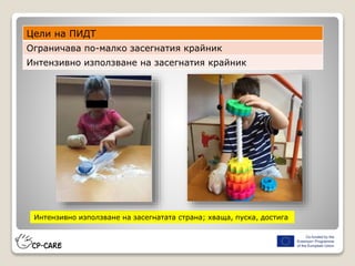 Интензивно използване на засегнатата страна; хваща, пуска, достига
Цели на ПИДТ
Ограничава по-малко засегнатия крайник
Интензивно използване на засегнатия крайник
 