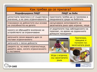 Как трябва да се прилага?
Модифицирана ПИДТ ПИДТ за бебе
цялостната практика е от съществено
значение, а не само ограничаването
практиката трябва да се проявява в
ежедневната среда на бебетата
планиране на дейностите въз основа
на способността на детето
насърчаване използването на
засегнатата ръка чрез играчки, неща
никога не обръщайте внимание на
устройството за ограничаване
от родителите под наблюдението на
терапевт, по време на седмичните
домашни посещения
започнете сесия веднага щом се
постави ограничението
започнете с лесни дейности
уверете се, че имате играчки/неща,
давайте идеи, когато ограничението
е поставено
Протягане,
хващане и
пускане със
засегнатата ръка
Игра с играчка,
със засегнатата
ръка
 