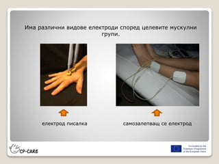Има различни видове електроди според целевите мускулни
групи.
електрод писалка самозалепващ се електрод
 
