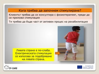 Лявата страна е по-слаба.
Електрическата стимулация
се използва за подобряване
на лявата страна.
Кога трябва да започнем стимулиране?
Клиентът трябва да се консултира с физиотерапевт, преди да
се приложи стимулация
Тя трябва да бъде част от активен процес на рехабилитация
 