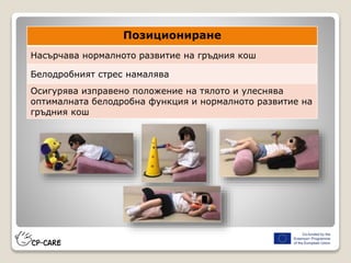 Позициониране
Насърчава нормалното развитие на гръдния кош
Белодробният стрес намалява
Осигурява изправено положение на тялото и улеснява
оптималната белодробна функция и нормалното развитие на
гръдния кош
 