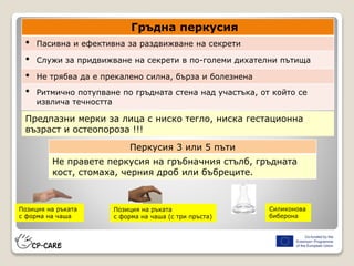Гръдна перкусия
• Пасивна и ефективна за раздвижване на секрети
• Служи за придвижване на секрети в по-големи дихателни пътища
• Не трябва да е прекалено силна, бърза и болезнена
• Ритмично потупване по гръдната стена над участъка, от който се
извлича течността
Предпазни мерки за лица с ниско тегло, ниска гестационна
възраст и остеопороза !!!
Перкусия 3 или 5 пъти
Не правете перкусия на гръбначния стълб, гръдната
кост, стомаха, черния дроб или бъбреците.
Позиция на ръката
с форма на чаша
Позиция на ръката
с форма на чаша (с три пръста)
Силиконова
биберона
 