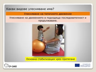 Какви видове улесняване има?
Основна стабилизация чрез протягане
Улесняване на типичното движение
Улесняване на движението в подходяща последователност и
продължаване.
 