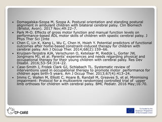  Domagalska-Szopa M, Szopa A. Postural orientation and standing postural
alignment in ambulant children with bilateral cerebral palsy. Clin Biomech
(Bristol, Avon). 2017 Nov;49:22–7.
 Park M-O. Effects of gross motor function and manual function levels on
performance-based ADL motor skills of children with spastic cerebral palsy. J
Phys Ther Sci [Inte
 Chen C, Lin K, Kang L, Wu C, Chen H, Hsieh Y. Potential predictors of functional
outcomes after home-based constraint-induced therapy for children with
cerebral palsy. Am J Occup Ther. 2014;68(2):159–66.
 Kruijsen-Terpstra AJA, Verschuren O, Ketelaar M, Riedijk L, Gorter JW,
Jongmans MJ, et al. Parents’ experiences and needs regarding physical and
occupational therapy for their young children with cerebral palsy. Res Dev
Disabil. 2016;53–54:314–22.
 Case-Smith J, Frolek Clark GJ, Schlabach TL. Systematic review of
interventions used in occupational therapy to promote motor performance for
children ages birth-5 years. Am J Occup Ther. 2013;67(4):413–24.
 Imms C, Wallen M, Elliott C, Hoare B, Randall M, Greaves S, et al. Minimising
impairment: Protocol for a multicentre randomised controlled trial of upper
limb orthoses for children with cerebral palsy. BMC Pediatr. 2016 May;16:70.
 