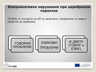 Комуникативни нарушения при церебрална
парализа
ГОВОРНИ
ПРОБЛЕМИ
ЕЗИКОВИ
ПРОБЛЕМИ
И ДВЕТЕ
(ГОВОР и
ЕЗИК)
70-80% от случаите на ЦП са засегнати, независимо от вида и
тежестта на проблема.
 