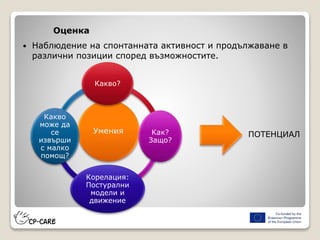 Оценка
 Наблюдение на спонтанната активност и продължаване в
различни позиции според възможностите.
Умения
Какво?
Как?
Защо?
Корелация:
Постурални
модели и
движение
Какво
може да
се
извърши
с малко
помощ?
ПОТЕНЦИАЛ
 