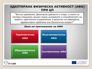 АДАПТИРАНА ФИЗИЧЕСКА АКТИВНОСТ (АФА)
ПРИ ЦП
"Всички движения, физически дейности и спорт, в които се
поставя специален акцент върху интересите и способностите на
хората с двигателни ограничения, в резултат на увреждане,
здравословни проблеми или биологична възраст"
Зони на приложение на АФА
Терапевтична
АФА
Възстановителна
АФА
Образователна
АФА
Състезателна АФА
 