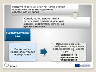 Младите хора с ЦП имат по-малко умения
и възможности за изследване на
собствената си среда
Семейството, асистентите и
терапевтите трябва да осигурят
забавни и креативни начини за
грижи и терапия
Постигане на
максимални усилия
и ентусиазъм
Изпълнение на игри,
съобразени с възрастта и
потребностите на младите
хора с ЦП.
Базирани на
терапевтични
упражнения
Възстановителна
АФА
 