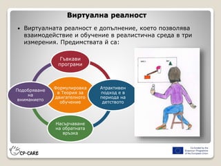  Виртуалната реалност е допълнение, което позволява
взаимодействие и обучение в реалистична среда в три
измерения. Предимствата й са:
Виртуална реалност
Формулировка
в Теория за
двигателното
обучение
Гъвкави
програми
Атрактивен
подход е в
периода на
детството
Насърчаване
на обратната
връзка
Подобряване
на
вниманието
 