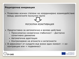 Реципрочна инервация
 Позволява всички степени на координирано взаимодействие
между различните мускулни групи
МУСКУЛНА КОАКТИВАЦИЯ
 Предпоставка за автоматично и волево действие
 Проксимална синергична стабилност – Дистално
селективно движение
 Автоматична адаптация
 Контролиране на агонисти и антагонисти
 В зависимост от нуждите във всеки един момент: + ко-
контракция или + подвижност
 