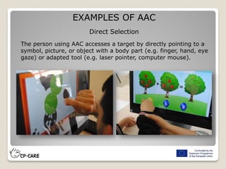 EXAMPLES OF AAC
Direct Selection
The person using AAC accesses a target by directly pointing to a
symbol, picture, or object with a body part (e.g. finger, hand, eye
gaze) or adapted tool (e.g. laser pointer, computer mouse).
 
