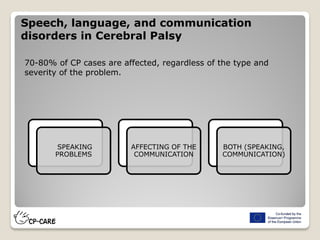 SPEAKING
PROBLEMS
AFFECTING OF THE
COMMUNICATION
BOTH (SPEAKING,
COMMUNICATION)
Speech, language, and communication
disorders in Cerebral Palsy
70-80% of CP cases are affected, regardless of the type and
severity of the problem.
 