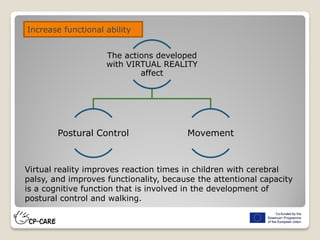 The actions developed
with VIRTUAL REALITY
affect
Postural Control Movement
Increase functional ability
Virtual reality improves reaction times in children with cerebral
palsy, and improves functionality, because the attentional capacity
is a cognitive function that is involved in the development of
postural control and walking.
 