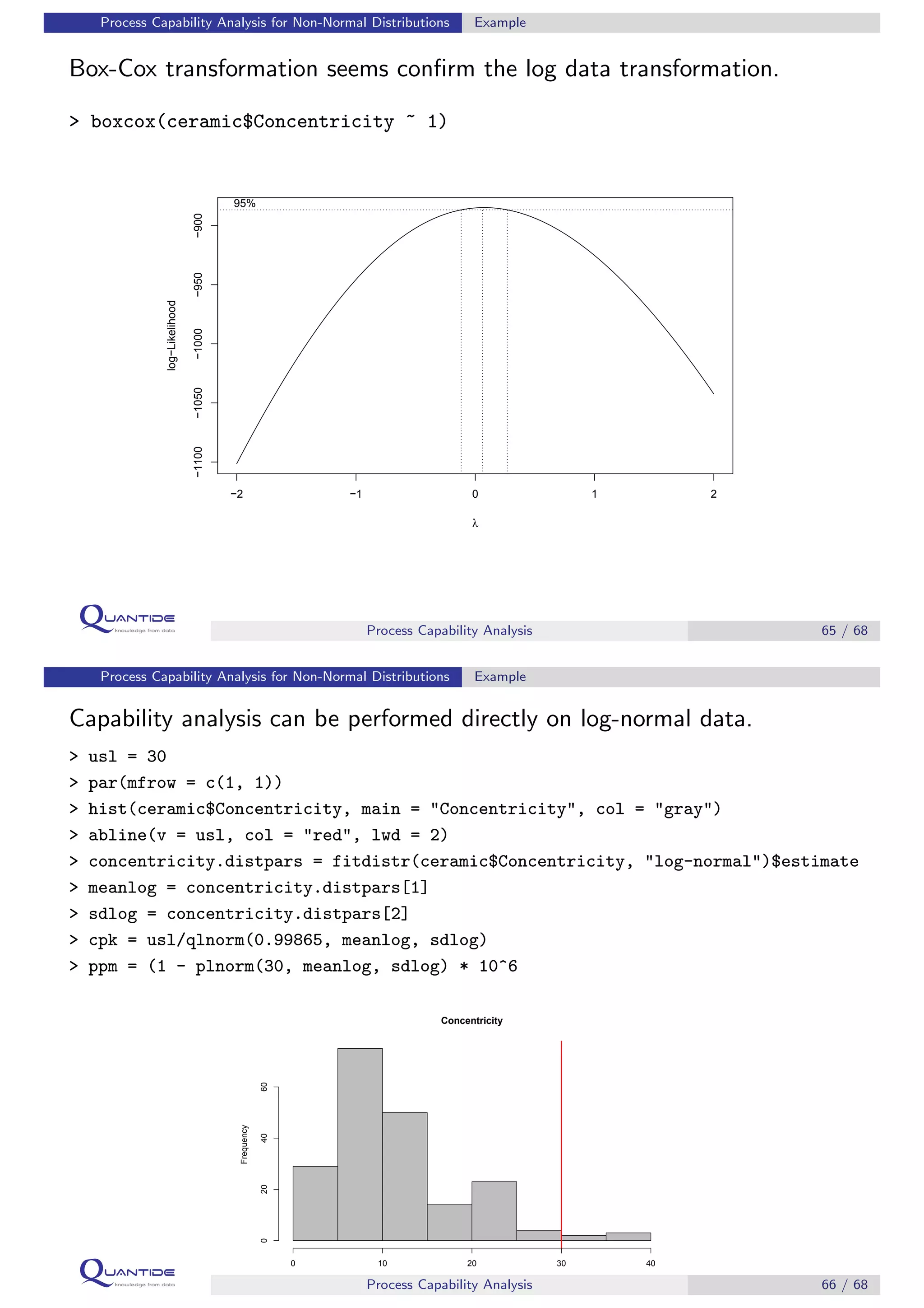 Process Capability Analysis for Non-Normal Distributions Example
Box-Cox transformation seems conﬁrm the log data transformation.
> boxcox(ceramic$Concentricity ~ 1)
−2 −1 0 1 2
−1100−1050−1000−950−900
λ
log−Likelihood
95%
Process Capability Analysis 65 / 68
Process Capability Analysis for Non-Normal Distributions Example
Capability analysis can be performed directly on log-normal data.
> usl = 30
> par(mfrow = c(1, 1))
> hist(ceramic$Concentricity, main = "Concentricity", col = "gray")
> abline(v = usl, col = "red", lwd = 2)
> concentricity.distpars = fitdistr(ceramic$Concentricity, "log-normal")$estimate
> meanlog = concentricity.distpars[1]
> sdlog = concentricity.distpars[2]
> cpk = usl/qlnorm(0.99865, meanlog, sdlog)
> ppm = (1 - plnorm(30, meanlog, sdlog) * 10^6
Concentricity
ceramic$Concentricity
Frequency
0 10 20 30 40
0204060
Process Capability Analysis 66 / 68
 