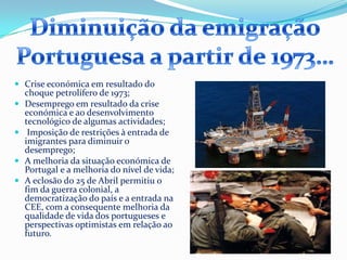 África do SulSituação demográfica e Económica…Entre 1960 e 1973 Portugal apresentava uma estrutura etária muito jovem e uma economia pouco desenvolvida, baseada, sobretudo, na agricultura tradicional, onde o desemprego, os baixos salários e o baixo nível de vida predominavam.