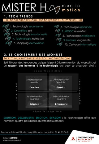 Pour accéder à l’étude complète, nous consulter 01 41 33 56 81
1 . T E C H T R E N D S
1 0 t e n d a n c e s q u i c a t a l y s e n t l e m a s c u l i n
1. Technologie sécurisante
2. Quantified self
3. Technologie émotionnelle
4. Technologie instinctive
5. Shopping everywhere
6. Technologie raisonnée
7. MOOC revolution
8. Technologie intelligente
9. Humain augmenté
10. Cerveau informatique
2 . L E C R O I S E M E N T D E S M O N D E S
l e s m o u v e m e n t s d e l a t e c h n o l o g i e
m e n i n
m o t i o nMISTER H
Soit 10 grandes tendances qui participent à la réinvention du masculin, et
un rapport des hommes à la technologie qui peut se structurer ainsi :
SOLUTION, DECOUVERTE, EMOTION, EVASION : la technologie offre aux
hommes quatre possibilités, quatre mouvements.
 