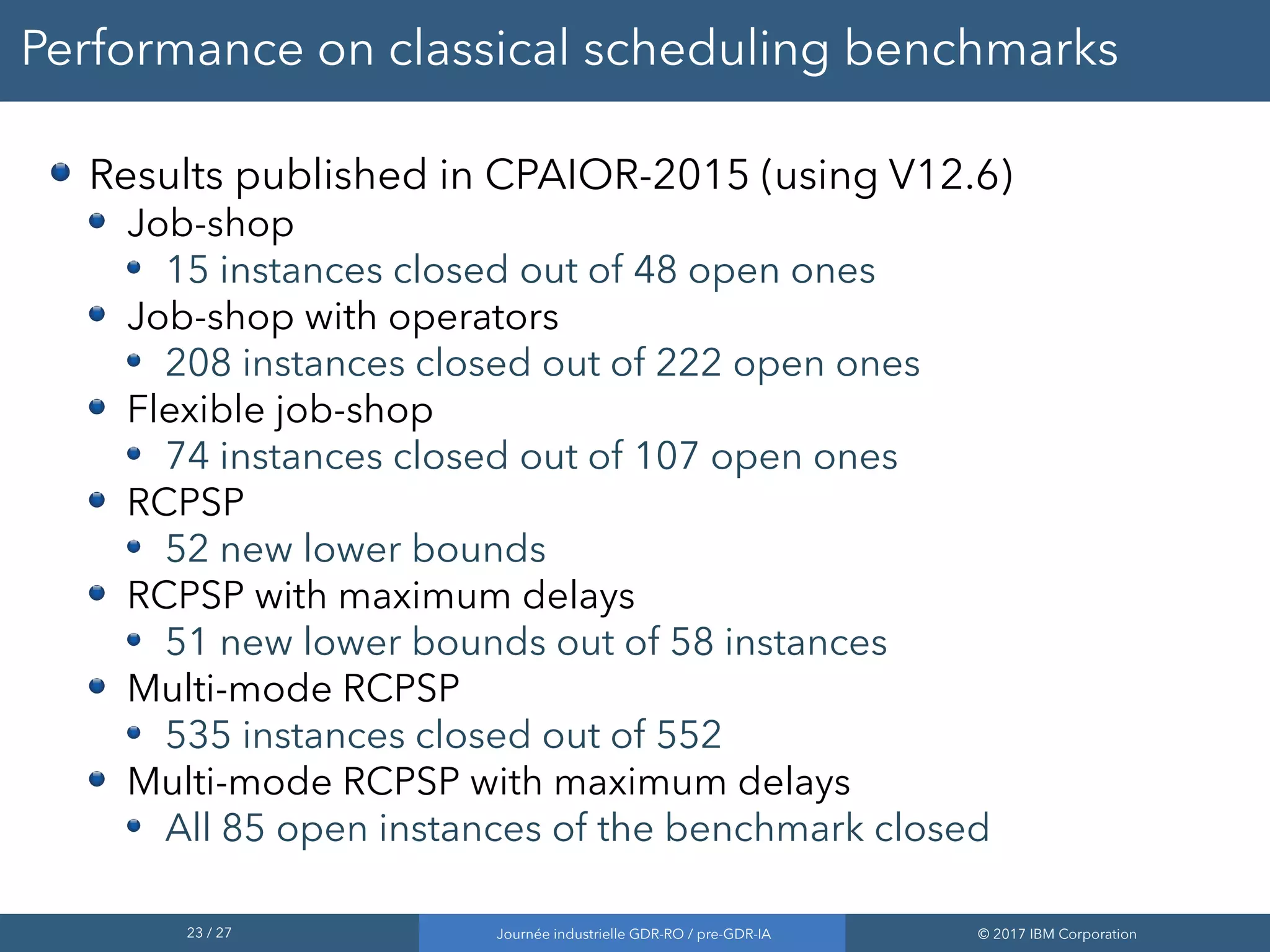 23 / 27 Journée industrielle GDR-RO / pre-GDR-IA © 2017 IBM Corporation
Performance on classical scheduling benchmarks
Results published in CPAIOR-2015 (using V12.6)
Job-shop
15 instances closed out of 48 open ones
Job-shop with operators
208 instances closed out of 222 open ones
Flexible job-shop
74 instances closed out of 107 open ones
RCPSP
52 new lower bounds
RCPSP with maximum delays
51 new lower bounds out of 58 instances
Multi-mode RCPSP
535 instances closed out of 552
Multi-mode RCPSP with maximum delays
All 85 open instances of the benchmark closed
 
