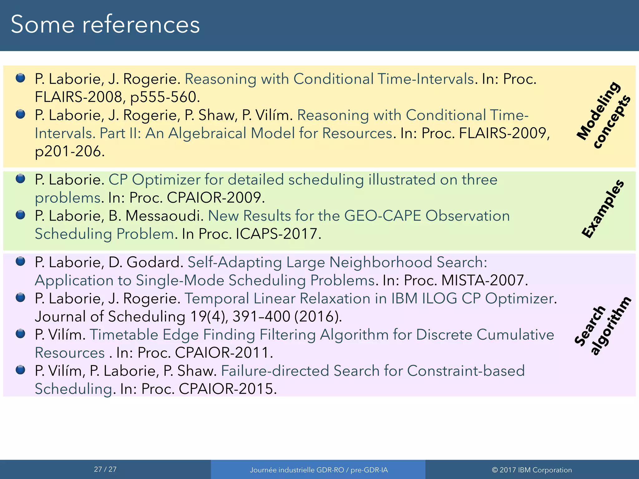 27 / 27 Journée industrielle GDR-RO / pre-GDR-IA © 2017 IBM Corporation
Some references
P. Laborie, J. Rogerie. Reasoning with Conditional Time-Intervals. In: Proc.
FLAIRS-2008, p555-560.
P. Laborie, J. Rogerie, P. Shaw, P. Vilím. Reasoning with Conditional Time-
Intervals. Part II: An Algebraical Model for Resources. In: Proc. FLAIRS-2009,
p201-206.
P. Laborie. CP Optimizer for detailed scheduling illustrated on three
problems. In: Proc. CPAIOR-2009.
P. Laborie, B. Messaoudi. New Results for the GEO-CAPE Observation
Scheduling Problem. In Proc. ICAPS-2017.
P. Laborie, D. Godard. Self-Adapting Large Neighborhood Search:
Application to Single-Mode Scheduling Problems. In: Proc. MISTA-2007.
P. Laborie, J. Rogerie. Temporal Linear Relaxation in IBM ILOG CP Optimizer.
Journal of Scheduling 19(4), 391–400 (2016).
P. Vilím. Timetable Edge Finding Filtering Algorithm for Discrete Cumulative
Resources . In: Proc. CPAIOR-2011.
P. Vilím, P. Laborie, P. Shaw. Failure-directed Search for Constraint-based
Scheduling. In: Proc. CPAIOR-2015.
M
odeling
concepts
Examples
Searchalgorithm
 