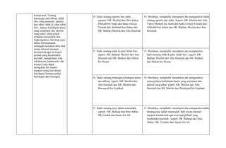 kontekstual. Tentang
kekuasaan dan rahmat Allah
Swt, sifat pemurah, optimis
dan sabar, infak di jalan Allah
Swt., adanya kehidupan dunia
yang sementara dan akhirat
yang kekal, sikap peduli
terhadap masyarakat dan
lingkungannya, bersikap jujur
dalam bermuamalah,
semangat menuntut ilmu baik
secara tekstual maupun
kontekstual agar terwujud
pribadi yang berakhlakul
karimah, menghindari sifat
sekulerisme, hedonisme, dan
korupsi yang dapat
merugikan diri sendiri
maupun orang lain dalam
kehidupan bermasyarakat
berbangsa dan bernegara.
14. Hadis tentang optimis dan sabar,
sepeerti: HR. Muslim dari Abu Yahya
Shuhaib bin Sinan dan hadis riwayat
Tirmidi dari Abdullah bin Abbas dan
HR. Bukhari Muslim dari Abu Hurairah
14. Membaca, menghafal, memahami dan menganalisis hadis
tentang optimis dan sabar. Seperti: HR. Muslim dari Abu
Yahya Shuhaib bin Sinan dan hadis riwayat Tirmidi dari
Abdullah bin Abbas dan HR. Bukhari Muslim dari Abu
Hurairah
15. Hadis tentang infak di jalan Allah Swt.,
seperti: HR. Bukhari Muslim dari Abu
Hurairah dan HR. Bukhari dari Hakim
bin Hizam
15. Membaca, menghafal, memahami dan menganalisis
hadis tentang infak di jalan Allah Swt., seperti: HR.
Bukhari Muslim dari Abu Hurairah dan HR. Bukhari
dari Hakim bin Hizam
16. Hadis tentang hubungan kehidupan dunia
dan akhirat, seperti: HR. Muslim dari
Abu Hurairah dan HR. Muslim dari
Mustaurid bin Syaddad,
16. Membaca, menghafal, memahami dan menganalisis
tentang danya kehidupan dunia yang sementara dan
akhirat yang kekal, seperti HR. Muslim dari Abu
Hurairah dan HR. Muslim dari Mustaurid bin Syaddad
17. Hadis tentang jujur dalam muamalah,
seperti: HR. Baihaqi dari Ibnu Abbas;
HR.Tirmidi dari Hasan bin Ali.
17. Membaca, menghafal, memahami dan menganalisis hadis
tentang jujur dalam muamalah. baik secara tekstual
maupun kontekstual agar terwujud pribadi yang
berakhlakul karimah , seperti: HR. Baihaqi dari Ibnu
Abbas; HR. Tirmidzi dari Hasan bin Ali.
 