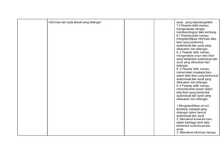 informasi dari topik aktual yang didengar aural yang diperdengarkan
7.4 Peserta didik mampu
mengevaluasi dengan
membandingkan teks tembang
8.1 Peserta didik mampu
mengidentifikasi informasi teks
iklan yang berbentuk
audiovisual dan aural yang
dibacakan dan didengar.
8..2 Peserta didik mampu
menganalisis unsur teks iklan
yang berbentuk audiovisual dan
aural yang dibacakan dan
didengar.
8..3 Peserta didik mampu
menemukan kosakata baru
dalam teks iklan yang berbentuk
audiovisual dan aural yang
dibacakan dan didengar.
8..4 Peserta didik mampu
menyimpulkan pesan dalam
teks iklan yang berbentuk
audiovisual dan ayral yang
dibacakan dan didengar.
1.Mengidentifikasi ciri-ciri
tembang macapat yang
didengar dalam bentuk
audiovisual dan aural .
2. Memaknai kosakata baru
dalam berbagai jenis teks
berbentuk audiovisual dan
aural.
3. Memaknai informasi berupa
 