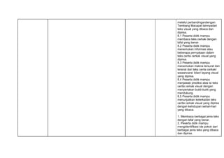 melalui perbandingandengan
Tembang Macapat lainnyadari
teks visual yang dibaca dan
dipirsa.
8.1 Peserta didik mampu
membaca teks cerkak dengan
lafal yang benar.
8.2 Peserta didik mampu
menemukan informasi atau
beberapa pernyataan dalam
teks cerita cerkak visual yang
dipirsa.
8.3 Peserta didik mampu
menemukan makna tersurat dan
tersirat dari teks cerita cerkak/
wawancara/ iklan/ layang visual
yang dipirsa.
8.4 Peserta didik mampu
menjawab prediksi atas isi teks
cerita cerkak visual dengan
menyertakan bukti-bukti yang
mendukung.
8.5 Peserta didik mampu
menunjukkan keterkaitan teks
cerita cerkak visual yang dipirsa
dengan kehidupan sehari-hari
yang dibaca.
1. Membaca berbagai jenis teks
dengan lafal yang benar.
2. Peserta didik mampu
mengidentifikasi ide pokok dari
berbagai jenis teks yang dibaca
dan dipirsa.
 