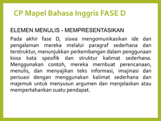 CP Mapel Bahasa Inggris FASE D
ELEMEN MENULIS - MEMPRESENTASIKAN
Pada akhir fase D, siswa mengomunikasikan ide dan
pengalaman mereka melalui paragraf sederhana dan
terstruktur, menunjukkan perkembangan dalam penggunaan
kosa kata spesifik dan struktur kalimat sederhana.
Menggunakan contoh, mereka membuat perencanaan,
menulis, dan menyajikan teks informasi, imajinasi dan
persuasi dengan menggunakan kalimat sederhana dan
majemuk untuk menyusun argumen dan menjelaskan atau
mempertahankan suatu pendapat.
 