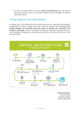  
www.unitag.io 	
  
• En 2014 la startup atteint le cap du million d’utilisateurs dans 186 pays et
étend ses services avec une nouvelle plateforme plus complète et toujours
plus performante.
Unitag regarde vers l’international
La startup, qui s’est différenciée de la concurrence par son expertise technologique,
a également de beaux projets pour 2015 ! Afin de continuer son développement
Unitag prépare une nouvelle levée de fonds et prévoit une ouverture d’un
bureau à l’étranger. Tout en continuant la sortie de nombreux nouveaux services,
pour compléter sa plateforme, et répondre aux besoins d’innovation du secteur de la
communication.
UNITAG, LES ÉTAPES CLÉS
4 années d’évolution
Fondée en 2011
par 5 étudiants
1er générateur
de QR Codes
personnalisés
au monde
Premiers
employés
Levée de fonds
de 230 000 €
20132014
2015
2012
Déménagement,
Unitag rejoint
son nouveau QG
Sortie de l’App
QR Code Scanner
Unitag prend de la
puissance avec de
nouveaux partenaires
Ouverture à
l’international
1 000 000
d’utilisateurs !
© unitag 2015
Sortie de nos
nouveaux services :
Web Apps
De grandes
marques nous
font confiance
Contact Presse :
Benoit Reulier
press@unitag.io
+33 9 70 80 53 43
 