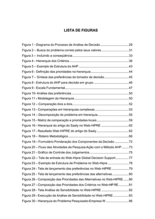 LISTA DE FIGURAS


Figura 1 - Diagrama do Processo de Análise de Decisão ....................................29
Figura 2 – Busca do problema correto pelos seus valores ...................................31
Figura 3 – Incluindo a conseqüência ........................................................................33
Figura 4 - Hierarquia dos Critérios ............................................................................36
Figura 5 – Exemplo de Estrutura do AHP ................................................................43
Figura 6 - Definição das prioridades na hierarquia.................................................44
Figura 7 – Síntese das preferências do tomador de decisão ...............................45
Figura 8 - Estrutura do AHP para decisão em grupo .............................................46
Figura 9 - Escala Fundamental..................................................................................47
Figura 10- Análise das preferências .........................................................................50
Figura 11 - Modelagem da Hierarquia......................................................................50
Figura 12 – Comparação dois a dois........................................................................52
Figura 13 - Comparações em hierarquias complexas ...........................................53
Figura 14 – Decomposição do problema em hierarquia........................................55
Figura 15 - Matriz de comparação e prioridades locais.........................................59
Figura 16 - Hierarquia do artigo do Saaty no Web-HIPRE ...................................62
Figura 17 - Resultado Web-HIPRE do artigo do Saaty .........................................62
Figura 18 – Roteiro Metodológico .............................................................................66
Figura 19 – Formulário Ponderação dos Componentes da Decisão ..................72
Figura 20 – Fluxo das Atividades da Pesquisa-Ação com o Método AHP .........73
Figura 21 - Gráfico de Controle dos Julgamentos ..................................................75
Figura 22 – Tela de entrada do Web-Hipre Global Decision Support.................77
Figura 23 – Exemplo de Estrutura de Problema no Web-Hipre ...........................78
Figura 24 - Tela de lançamento das preferências no Web-HIPRE ......................79
Figura 25 - Tela de lançamento das preferências das alternativas .....................80
Figura 26 - Composição das Prioridades das Alternativas no Web-HIPRE .......80
Figura 27 - Composição das Prioridades dos Critérios no Web-HIP RE.............81
Figura 28 - Tela Análise de Sensibilidade no Web-HIPRE ...................................82
Figura 29 - Execução da Análise de Sensibilidade no Web-HIPRE ....................83
Figura 30 - Hierarquia do Problema Pesquisado-Empresa W .............................86
 