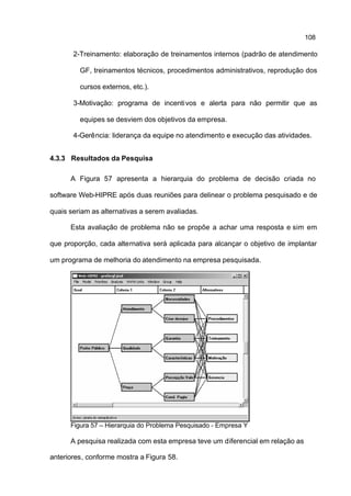 108

       2-Treinamento: elaboração de treinamentos internos (padrão de atendimento

         GF, treinamentos técnicos, procedimentos administrativos, reprodução dos

         cursos externos, etc.).

       3-Motivação: programa de incenti vos e alerta para não permitir que as

         equipes se desviem dos objetivos da empresa.

       4-Gerência: liderança da equipe no atendimento e execução das atividades.


4.3.3 Resultados da Pesquisa

      A Figura 57 apresenta a hierarquia do problema de decisão criada no

software Web-HIPRE após duas reuniões para delinear o problema pesquisado e de

quais seriam as alternativas a serem avaliadas.

      Esta avaliação de problema não se propõe a achar uma resposta e sim em

que proporção, cada alternativa será aplicada para alcançar o objetivo de implantar

um programa de melhoria do atendimento na empresa pesquisada.




      Figura 57 – Hierarquia do Problema Pesquisado - Empresa Y

      A pesquisa realizada com esta empresa teve um diferencial em relação as

anteriores, conforme mostra a Figura 58.
 