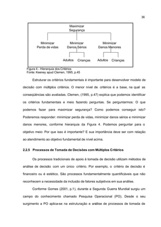 36


                               Maximizar
                               Segurança



           Minimizar          Minimizar             Minimizar
         Perda de vidas      Danos Sérios         Danos Menores



                           Adultos   Crianças     Adultos   Crianças

  Figura 4 - Hierarquia dos Critérios
  Fonte: Keeney apud Clemen, 1995, p.45

      Estruturar os critérios fundamentais é importante para desenvolver modelo de

decisão com múltiplos critérios. O menor nível de critérios é a base, na qual as

conseqüências são avaliadas. Clemen, (1995, p.47) explica que podemos identificar

os critérios fundamentais e meio fazendo perguntas. Se perguntarmos: O que

podemos fazer para maximizar segurança? Como podemos conseguir isto?

Poderemos responder: minimizar perda de vidas, minimizar danos sérios e minimizar

danos menores, conforme hierarquia da Figura 4. Podemos perguntar para o

objetivo meio: Por que isso é importante? E sua importância deve ser com relação

ao atendimento ao objetivo fundamental de nível acima.


2.2.5 Processos de Tomada de Decisões com Múltiplos Critérios

      Os processos tradicionais de apoio à tomada de decisão utilizam métodos de

análise de decisão com um único critério. Por exemplo, o critério de decisão é

financeiro ou é estético. São processos fundamentalmente quantificáveis que não

reconhecem a necessidade da inclusão de fatores subjetivos em sua análise.

      Conforme Gomes (2001, p.1), durante a Segunda Guerra Mundial surgiu um

campo do conhecimento chamado Pesquisa Operacional (PO). Desde o seu

surgimento a PO aplica-se na estruturação e análise de processos de tomada de
 