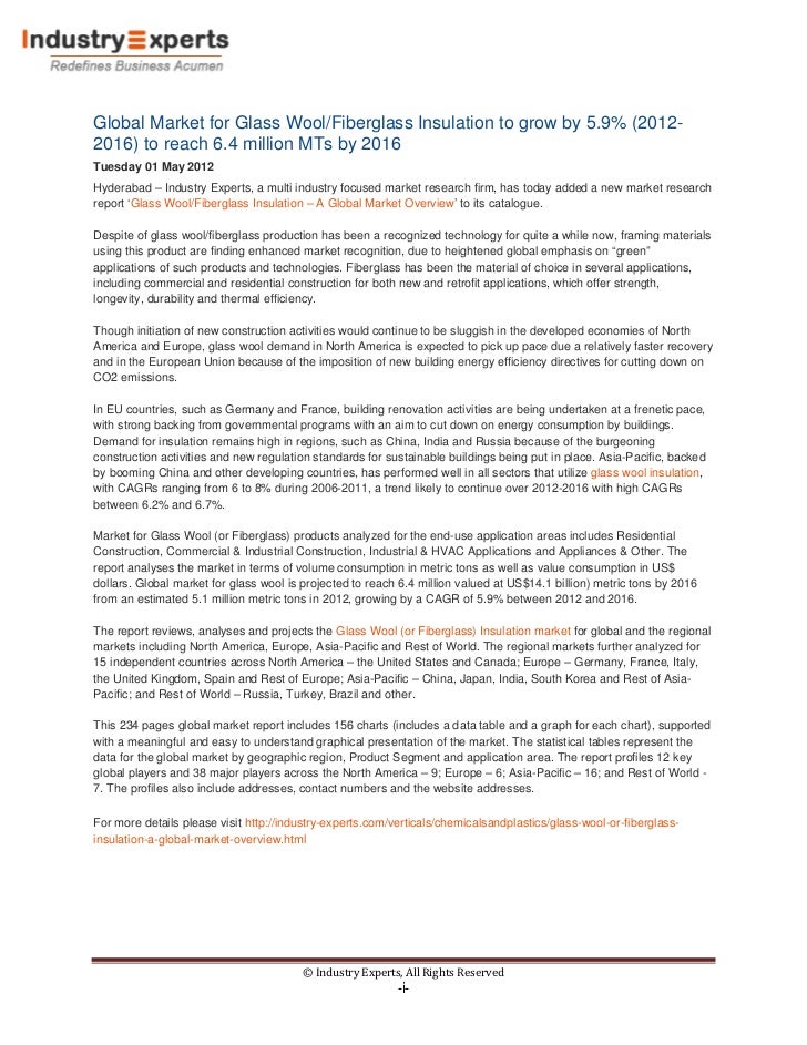 Global Market for Glass Wool/Fiberglass Insulation to grow by 5.9