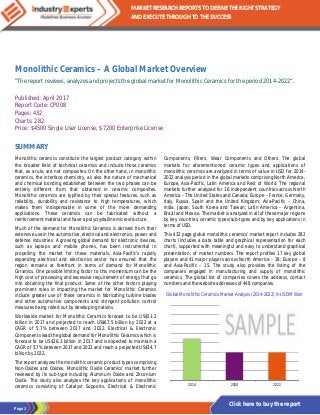 Page 1
MARKET RESEARCH REPORTS TO DEFINE THE RIGHT STRATEGY
AND EXECUTE THROUGH TO THE SUCCESS
Click here to buy the report
Monolithic Ceramics – A Global Market Overview
“The report reviews, analyzes and projects the global market for Monolithic Ceramics for the period 2014-2022“.
Published: April 2017
Report Code: CP008
Pages: 432
Charts: 282
Price: $4500 Single User License, $7200 Enterprise License
SUMMARY
Monolithic ceramics constitute the largest product category within
the broader field of technical ceramics and include those ceramics
that, as a rule, are not composites. On the other hand, in monolithic
ceramics, the interface chemistry, as also the nature of mechanical
and chemical bonding established between the two phases can be
entirely different from that obtained in ceramic composites.
Monolithic ceramics are typified by their special features, such as
reliability, durability and resistance to high temperatures, which
makes them indispensable in some of the more demanding
applications. These ceramics can be fabricated without a
reinforcement material and have a polycrystalline microstructure.
Much of the demand for Monolithic Ceramics is derived from their
extensive use in the automotive, electrical and electronics, power and
defense industries. A growing global demand for electronic devices,
such as laptops and mobile phones, has been instrumental in
propelling the market for these materials. Asia-Pacific’s rapidly
expanding electrical and electronics sector has ensured that the
region remains at forefront in terms of demand for Monolithic
Ceramics. One possible limiting factor to this momentum can be the
high cost of processing and excessive requirement of energy that go
into obtaining the final product. Some of the other factors playing
prominent roles in impacting the market for Monolithic Ceramics
include greater use of these ceramics in fabricating turbine blades
and other automotive components and stringent pollution control
measures being rolled out by developing nations.
Worldwide market for Monolithic Ceramics forecast to be US$51.2
billion in 2017 and projected to reach US$67.5 billion by 2022 at a
CAGR of 5.7% between 2017 and 2022. Electrical & Electronic
Components lead the global demand for Monolithic Ceramics which is
forecast to be US$26.3 billion in 2017 and is expected to maintain a
CAGR of 5.7% between 2017 and 2022 and reach a projected US$34.7
billion by 2022.
The report analyzes the monolithic ceramic product types comprising
Non-Oxides and Oxides. Monolithic Oxide Ceramics’ market further
reviewed by its sub-type including Aluminum Oxide and Zirconium
Oxide. The study also analyzes the key applications of monolithic
ceramics consisting of Catalyst Supports, Electrical & Electronic
Components, Filters, Wear Components and Others. The global
markets for aforementioned ceramic types and applications of
monolithic ceramics are analyzed in terms of value in USD for 2014-
2022 analysis period in the global markets comprising North America,
Europe, Asia-Pacific, Latin America and Rest of World. The regional
markets further analyzed for 16 independent countries across North
America – The United States and Canada; Europe – France, Germany,
Italy, Russia, Spain and the United Kingdom; Asia-Pacific – China,
India, Japan, South Korea and Taiwan; Latin America – Argentina,
Brazil and Mexico. The market is analyzed in all of these major regions
by key countries, ceramic types/sub-types and by key applications in
terms of USD.
This 432 page global monolithic ceramics’ market report includes 282
charts (includes a data table and graphical representation for each
chart), supported with meaningful and easy to understand graphical
presentation, of market numbers. The report profiles 17 key global
players and 41 major players across North America – 18; Europe – 8
and Asia-Pacific – 15. The study also provides the listing of the
companies engaged in manufacturing and supply of monolithic
ceramics. The global list of companies covers the address, contact
numbers and the website addresses of 448 companies.
Global Monolithic Ceramics Market Analysis (2014-2022) in USD Million
2014 2018 2022
 
