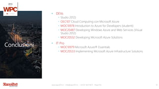 Conclusioni
• DEVs
 Studio 2012)
 OEC107 Cloud Computing con Microsoft Azure
 MOC10978 Introduction to Azure for Developers (studenti)
 MOC20487 Developing Windows Azure and Web Services (Visual
Studio 2012)
 MOC20532 Developing Microsoft Azure Solutions
• IT Pro
 MOC10979 Microsoft Azure® Essentials
 MOC20533 Implementing Microsoft Azure Infrastructure Solutions
www.wpc2015.it – info@wpc2015.it - +39 02 365738.11 - #wpc15it 19
 