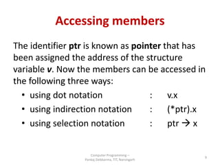 Accessing members
The identifier ptr is known as pointer that has
been assigned the address of the structure
variable v. Now the members can be accessed in
the following three ways:
• using dot notation : v.x
• using indirection notation : (*ptr).x
• using selection notation : ptr  x
Computer Programming –
Pankaj Debbarma, TIT, Narsingarh
9
 