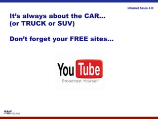 Internet Sales 4.0:

It’s always about the CAR...
(or TRUCK or SUV)

Don’t forget your FREE sites…
 