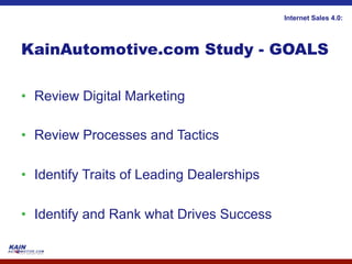 Internet Sales 4.0:




KainAutomotive.com Study - GOALS

•  Review Digital Marketing

•  Review Processes and Tactics

•  Identify Traits of Leading Dealerships

•  Identify and Rank what Drives Success
 